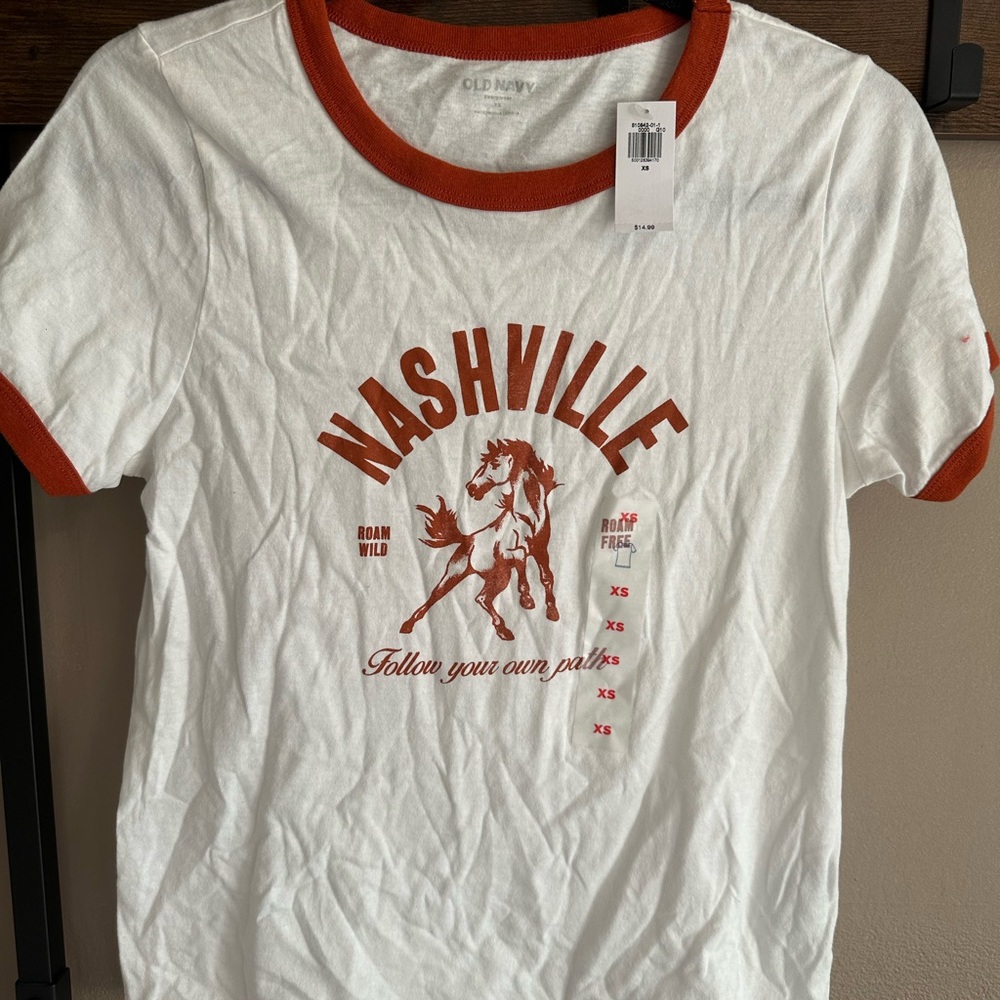 Old Navy White & Rust Orange Nashville Horse Graphic Ringer Tee